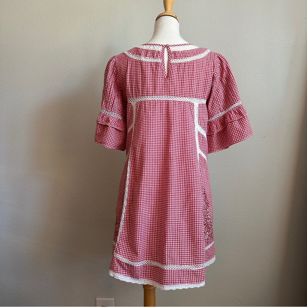Free People Sunny Day Embroidered Red Gingham Shift Dress with Short Sleeves - Picture 4 of 11